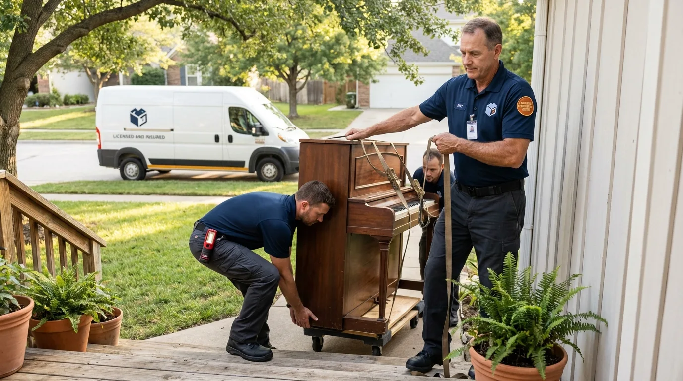 Licensed piano movers securing grand piano in Indian Trail, NC