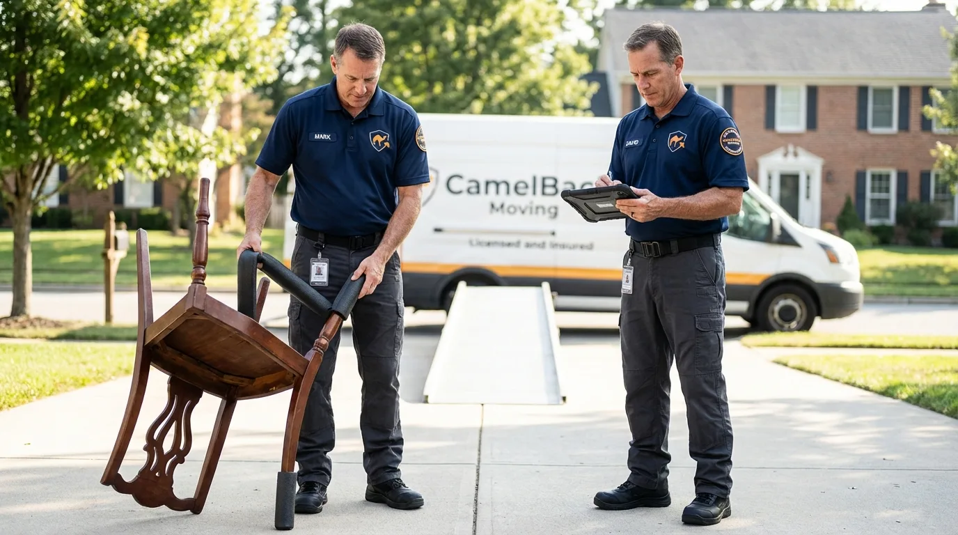 Movers inspecting furniture for damage prevention before loading in Indian Trail, NC