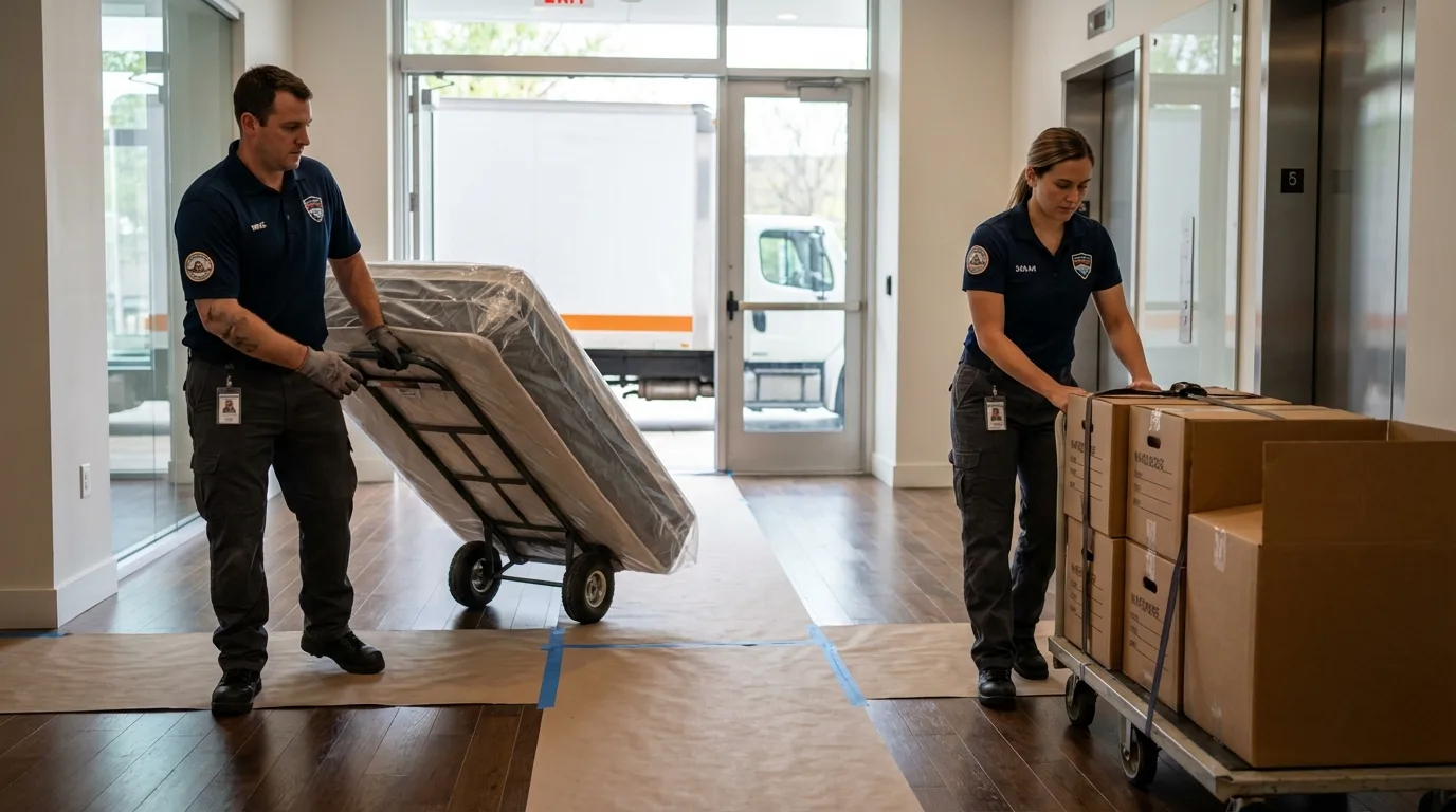Professional apartment movers loading elevator in Indian Trail, NC
